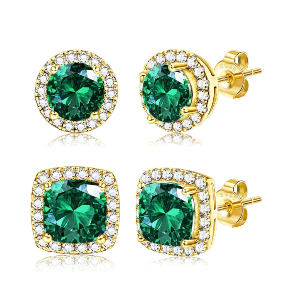 14K Gold - 925 Sterling Silver Unisex Green Faceted Diamond Cut CZ Stud Earrings